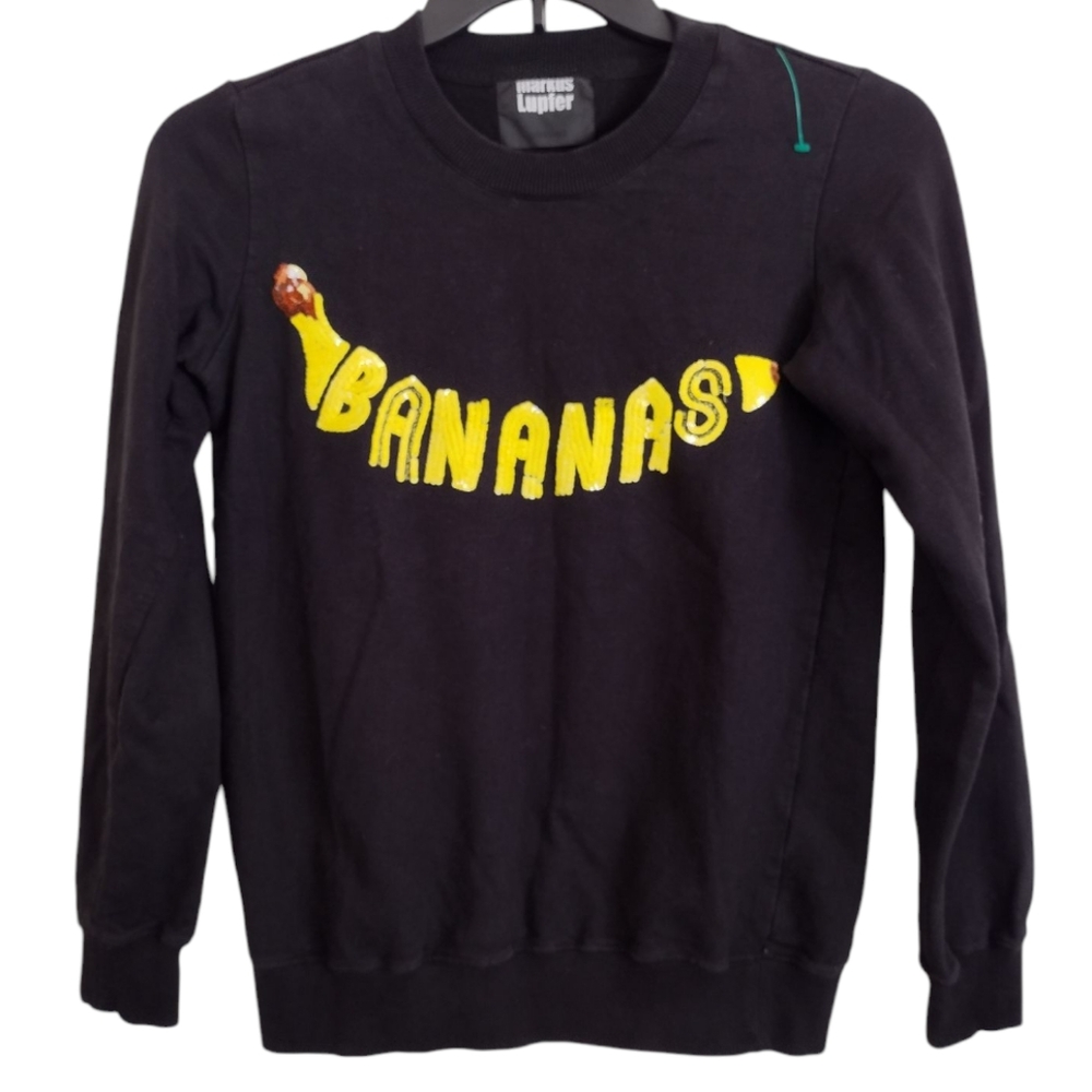 Markus Lupfer Sequin Bananas Black Yellow Sweatshirt 100% Cotton Size XS